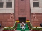 Budget 2024: Indian Prime Minister Narendra Modi, flanked by other ministers, speaks to the media after he arrived at the Parliament on the first day of its budget session in New Delhi. Budget 2024: Indian Prime Minister Narendra Modi, flanked by other ministers, speaks to the media after he arrived at the Parliament on the first day of its budget session in New Delhi.