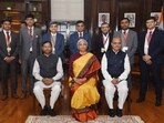 Union Minister for Finance and Corporate Affairs, Nirmala Sitharaman along with the Minister of State for Finance, Pankaj Chaudhary, the Union Minister of State for Finance, Dr Bhagwat Kishanrao Karad, the Secretaries of the Ministry of Finance,  and various Budget teams after giving the final touches to the Interim Union Budget 2024, in New Delhi on January 31, 2024. 