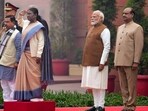 President Droupadi Murmu receives guard of honour on the first day of the Budget session of Parliament, in New Delhi.