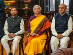 Union Finance Minister Nirmala Sitharaman with Ministers of State Pankaj Chaudhary and Bhagwat Karad a day before presentation of the Interim Budget 2024.