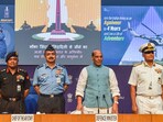 Defence minister Rajnath Singh with the leaders of the armed forces. Defence minister Rajnath Singh with the leaders of the armed forces.