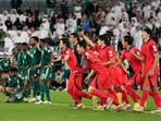 South Korea celebrates after winning the game in a penalty kick shoot-out during the Asian Cup round of 16 soccer match between Saudi Arabia and South Korea at Education City Stadium Al Rayyan South Korea celebrates after winning the game in a penalty kick shoot-out during the Asian Cup round of 16 soccer match between Saudi Arabia and South Korea at Education City Stadium Al Rayyan