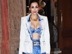 Malaika Arora pairs a denim bralette and mini skirt with a washed out denim blazer(Photo: Yogen Shah)