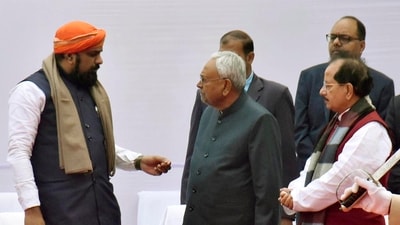 Bihar Chief Minister Nitish Kumar with Deputy Chief Ministers Samrat Choudhary and Vijay Kumar Sinha. (Photo by Santosh Kumar/ Hindustan Times)