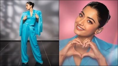 Rashmika Mandanna is proving her fashion finesse with her back-to-back head-turning looks. The Animal actress is a total stunner who keeps hitting the fashion targets like a pro. Whether it's a sartorial saree or a chic jumpsuit, the stylish diva can rock any look to perfection. Rashmika is quite active on social media and her glamorous Insta-diaries are a treasure trove of fashion inspiration for all her followers. Her latest look is all about sass and boss babe vibes as she dazzles in a cyan pantsuit and brightens up our Wednesday. Let's take some style notes from the diva. (Instagram/@rashmika_mandanna) Rashmika Mandanna is proving her fashion finesse with her back-to-back head-turning looks. The Animal actress is a total stunner who keeps hitting the fashion targets like a pro. Whether it's a sartorial saree or a chic jumpsuit, the stylish diva can rock any look to perfection. Rashmika is quite active on social media and her glamorous Insta-diaries are a treasure trove of fashion inspiration for all her followers. Her latest look is all about sass and boss babe vibes as she dazzles in a cyan pantsuit and brightens up our Wednesday. Let's take some style notes from the diva. (Instagram/@rashmika_mandanna)