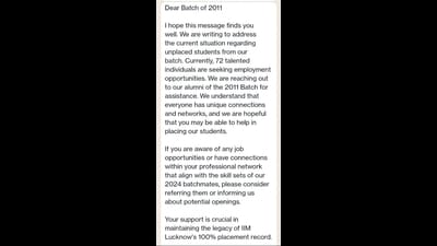 A screenshot of the WhatsApp message by IIM Lucknow to its alumni that is making rounds on the internet. (Sourced.) A screenshot of the WhatsApp message by IIM Lucknow to its alumni that is making rounds on the internet. (Sourced.)