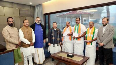 BJP chief JP Nadda welcomes Kerala Janapaksham (Secular) leader P C George, his son Shone George and others as the party merges with the BJP on Wednesday. Union ministers Rajeev Chandrasekhar, V Muraleedharan and others also present. (ANI) BJP chief JP Nadda welcomes Kerala Janapaksham (Secular) leader P C George, his son Shone George and others as the party merges with the BJP on Wednesday. Union ministers Rajeev Chandrasekhar, V Muraleedharan and others also present. (ANI)