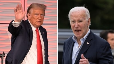 Former President Trump criticises Biden's delayed visit to East Palestine, calling it politically motivated. ((AP Photo/Phelan M. Ebenhack, AP Photo/Manuel Balce Ceneta)) Former President Trump criticises Biden's delayed visit to East Palestine, calling it politically motivated. ((AP Photo/Phelan M. Ebenhack, AP Photo/Manuel Balce Ceneta))