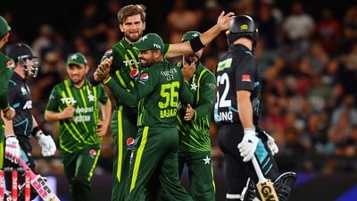 Pakistan's T20I captain Shaheen Shah Afridi (C) celebrates with former captain Babar Azam after the wicket of New Zealand's Tim Seifert during NZ T20I series (AFP) Pakistan's T20I captain Shaheen Shah Afridi (C) celebrates with former captain Babar Azam after the wicket of New Zealand's Tim Seifert during NZ T20I series (AFP)