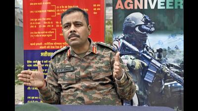 Director recruiting Colonel DP Singh interacting with media persons in Ludhiana on Wednesday. (Gurpreet Singh/HT)