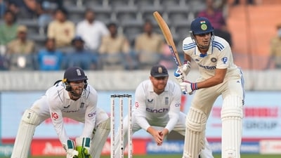 India's Shubman Gill, right, plays a shot on the first day of the first cricket test match between England and India in Hyderabad (AP)