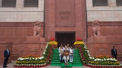 Budget 2024: Indian Prime Minister Narendra Modi, flanked by other ministers, speaks to the media after he arrived at the Parliament on the first day of its budget session in New Delhi. (AP) Budget 2024: Indian Prime Minister Narendra Modi, flanked by other ministers, speaks to the media after he arrived at the Parliament on the first day of its budget session in New Delhi. (AP)
