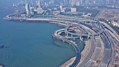 Mumbai, India. Jan 31,2024 - Marine Drive to Worli, 10.58 Km stretch of Mumbai Coastal Road open by around February month.This road will enable vehicles to travel at speeds of up to 80 km/h, although the design allows for speeds of 100 km/h. It is considered to be the most expensive project of the BMC yet. It will connect the Marine Drive area in south Mumbai to Kandivali, a western suburb, via the existing Bandra Worli Sea Link. Jan 31,2024. (Photo by Raju Shinde/HT Photo) Mumbai, India. Jan 31,2024 - Marine Drive to Worli, 10.58 Km stretch of Mumbai Coastal Road open by around February month.This road will enable vehicles to travel at speeds of up to 80 km/h, although the design allows for speeds of 100 km/h. It is considered to be the most expensive project of the BMC yet. It will connect the Marine Drive area in south Mumbai to Kandivali, a western suburb, via the existing Bandra Worli Sea Link. Jan 31,2024. (Photo by Raju Shinde/HT Photo)