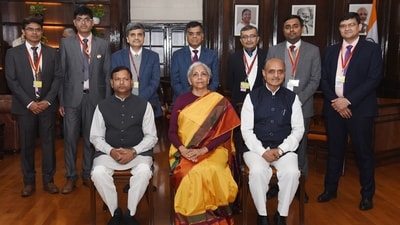 Union Minister for Finance and Corporate Affairs, Nirmala Sitharaman along with the Minister of State for Finance, Pankaj Chaudhary, the Union Minister of State for Finance, Dr Bhagwat Kishanrao Karad, the Secretaries of the Ministry of Finance, and various Budget teams after giving the final touches to the Interim Union Budget 2024, in New Delhi on January 31, 2024. (PIB) Union Minister for Finance and Corporate Affairs, Nirmala Sitharaman along with the Minister of State for Finance, Pankaj Chaudhary, the Union Minister of State for Finance, Dr Bhagwat Kishanrao Karad, the Secretaries of the Ministry of Finance, and various Budget teams after giving the final touches to the Interim Union Budget 2024, in New Delhi on January 31, 2024. (PIB)