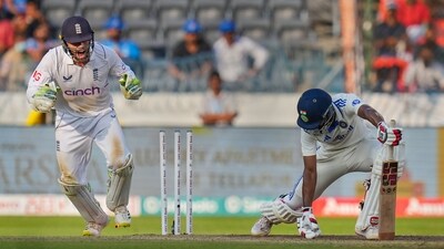 England wicketkeeper Ben Foakes  celebrates the dismissal of India's Srikar Bharat (PTI)