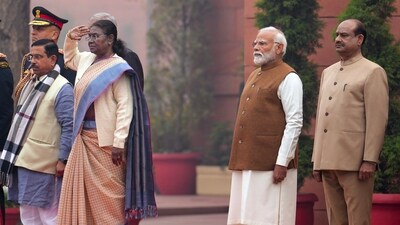President Droupadi Murmu receives guard of honour on the first day of the Budget session of Parliament, in New Delhi. (PTI) President Droupadi Murmu receives guard of honour on the first day of the Budget session of Parliament, in New Delhi. (PTI)
