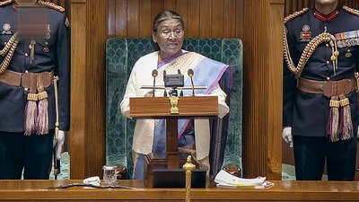 President Droupadi Murmu addresses the joint session of Parliament on the opening day of the Budget session, in New Delhi, Wednesday, Jan. 31, 2024. (PTI) President Droupadi Murmu addresses the joint session of Parliament on the opening day of the Budget session, in New Delhi, Wednesday, Jan. 31, 2024. (PTI)