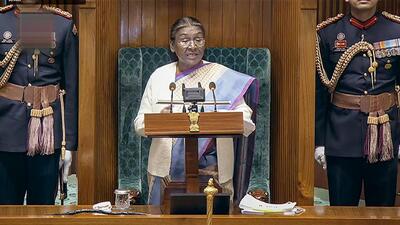 President Droupadi Murmu addresses the joint session of Parliament on the opening day of the Budget session, in New Delhi, on Wednesday. (PTI) President Droupadi Murmu addresses the joint session of Parliament on the opening day of the Budget session, in New Delhi, on Wednesday. (PTI)