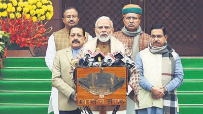 Prime Minister Narendra Modi addresses the media on the first day of the Budget session on Wednesday. (Sanjeev Verma/HT) Prime Minister Narendra Modi addresses the media on the first day of the Budget session on Wednesday. (Sanjeev Verma/HT)