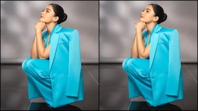 Assisted by celebrity fashion stylist Ami Patel, Rashmika accessorised her look with a pair of chunky silver ear cuff earrings, multiple silver statement rings adorning her fingers and a pair of matching cyan high heels. (Instagram/@rashmika_mandanna) Assisted by celebrity fashion stylist Ami Patel, Rashmika accessorised her look with a pair of chunky silver ear cuff earrings, multiple silver statement rings adorning her fingers and a pair of matching cyan high heels. (Instagram/@rashmika_mandanna)