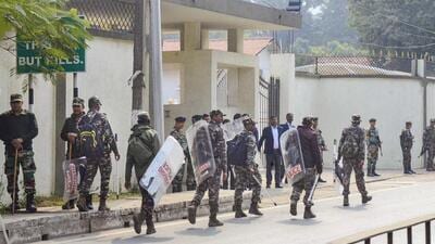 ecurity personnel deployed outside the residence of Jharkhand chief minister Hemant Soren in Ranchi on Wednesday. (PTI) ecurity personnel deployed outside the residence of Jharkhand chief minister Hemant Soren in Ranchi on Wednesday. (PTI)