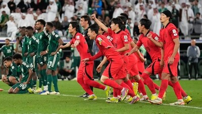 South Korea celebrates after winning the game in a penalty kick shoot-out during the Asian Cup round of 16 soccer match between Saudi Arabia and South Korea at Education City Stadium Al Rayyan (AP) South Korea celebrates after winning the game in a penalty kick shoot-out during the Asian Cup round of 16 soccer match between Saudi Arabia and South Korea at Education City Stadium Al Rayyan (AP)