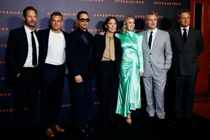 Oppenheimer Cast members Trond Fausa Aurvag, Matt Damon, Robert Downey Jr, Cillian Murphy, Emily Blunt, Jason Clarke, and Director Christopher Nolan pose before the premiere of Oppenheimer in Paris, France on July 11, 2023. (REUTERS)