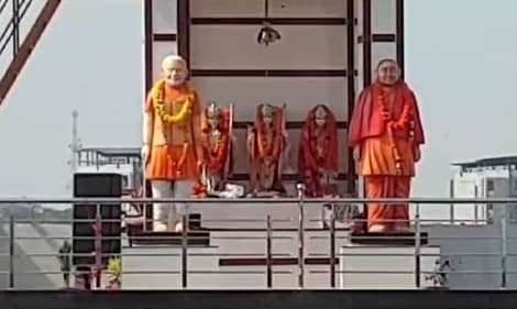 The photo of the rooftop temple where apart from Lord Ram, Sita and Lakshman, statues of PM Modi and Uttar Pradesh chief minister Yogi Aditnayah were installed. ((From Indian Express report))