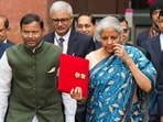 Union finance minister Nirmala Sitharaman and other officials outside the Finance Ministry.