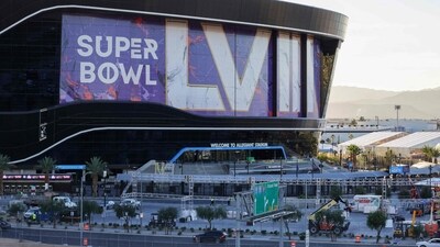 LAS VEGAS, NEVADA - JANUARY 30: An exterior view shows signage for Super Bowl LVIII at Allegiant Stadium on January 30, 2024 in Las Vegas, Nevada. The game will be played on February 11, 2024, between the Kansas City Chiefs and the San Francisco 49ers. (Getty Images via AFP)