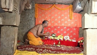 Hindu priest offering prayers at Vyas ka Tahkhana on Thursday. Hindu priest offering prayers at Vyas ka Tahkhana on Thursday.
