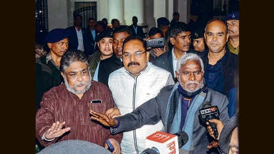 JMM leader Champai Soren after a meeting with Jharkhand governor CP Radhakrishnan in Ranchi on Thursday. (PTI) JMM leader Champai Soren after a meeting with Jharkhand governor CP Radhakrishnan in Ranchi on Thursday. (PTI)