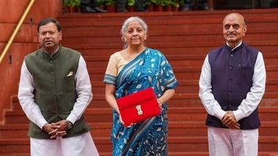 Union finance minister Nirmala Sitharaman, carrying a folder-case containing the Interim Budget 2024. (PTI) Union finance minister Nirmala Sitharaman, carrying a folder-case containing the Interim Budget 2024. (PTI)