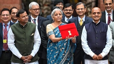 Nirmala Sitharaman outside the finance ministry on Thursday -- ahead of the presentation of Budget 2024.