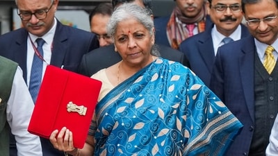 :Union finance minister Nirmala Sitharaman carrying a folder-case containing the Interim Budget 2024 leaves from the finance ministry ahead of the presentation of the budget in New Delhi on Thursday, (PTI) :Union finance minister Nirmala Sitharaman carrying a folder-case containing the Interim Budget 2024 leaves from the finance ministry ahead of the presentation of the budget in New Delhi on Thursday, (PTI)