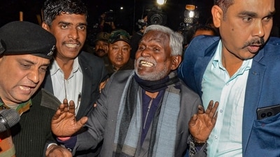 Champai Soren comes out from Raj Bhavan after a meeting with Jharkhand Governor C.P. Radhakrishnan. (PTI) Champai Soren comes out from Raj Bhavan after a meeting with Jharkhand Governor C.P. Radhakrishnan. (PTI)