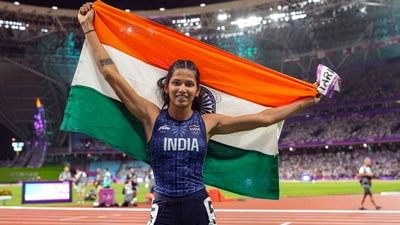 India's Jyothi Yarraji celebrates (PTI) India's Jyothi Yarraji celebrates (PTI)