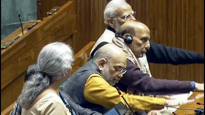 Union finance minister Nirmala Sitharaman presents the Interim Union Budget 2024 in the Lok Sabha on Thursday. Prime Minister Narendra Modi, Union home minister Amit Shah and defence minister Rajnath Singh also seen. (ANI)