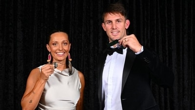 Ashleigh Gardner (L) with the Belinda Clark Award; Mitchell Marsh poses with the Allan Border Medal (CA) Ashleigh Gardner (L) with the Belinda Clark Award; Mitchell Marsh poses with the Allan Border Medal (CA)