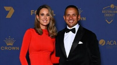 Usman Khawaja arrives at the awards event with wife Rachel Khawaja (CA) Usman Khawaja arrives at the awards event with wife Rachel Khawaja (CA)