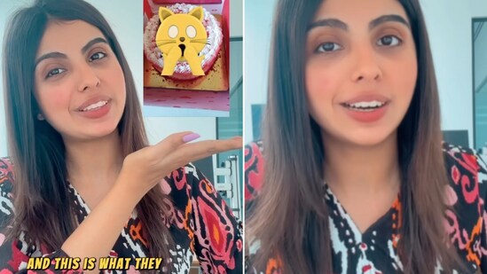 The image shows a woman who shared a video involving a cake that she ordered from Zomato. (Instagram/@mihikaasrani)