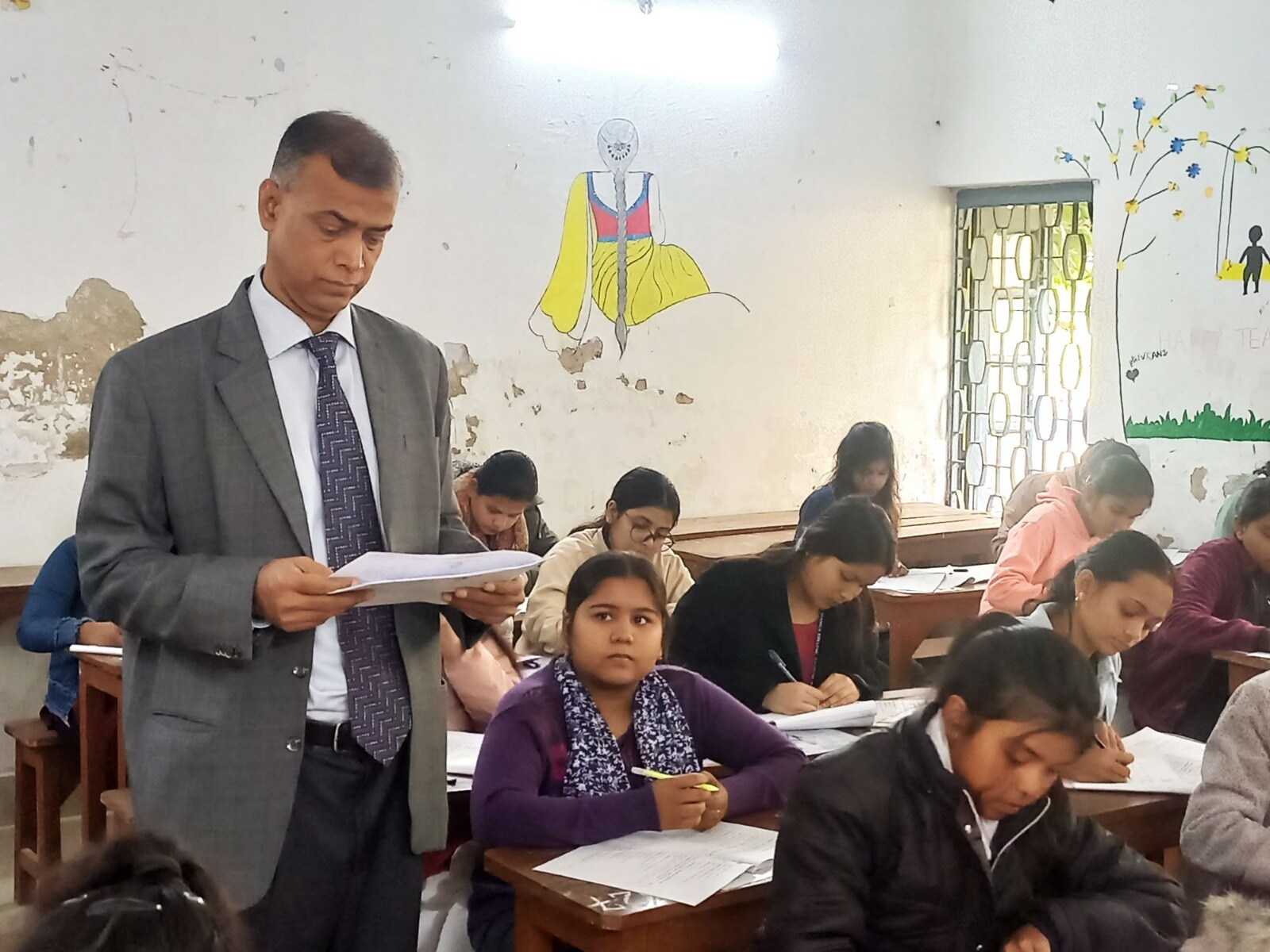 Chairman of Bihar School Examination Board Anand Kishore inspecting during Bihar Intermediate Examination at an examination centre in Patna. (Santosh Kumar)