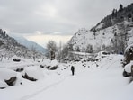A boy walks on a snow-covered hilly road after fresh snowfall in the outskirts of Srinagar on Friday