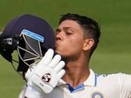 Yashasvi Jaiswal kisses his helmet after scoring a century on the first day of the second Test. Yashasvi Jaiswal kisses his helmet after scoring a century on the first day of the second Test.