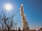 A missile is launched, as the state media report North Korea tested its new land-to-air cruise missiles off its west coast, North Korea, 