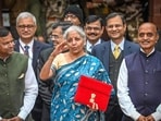 Finance minister Nirmala Sitharaman leaves the finance ministry ahead of the presentation of the interim budget in Parliament. (Sanchit Khanna/HT)