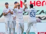 England's Rehan Ahmed celebrates with teammates after taking the wicket of India's Srikar Bharat on the first day of the second cricket test match between India and England England's Rehan Ahmed celebrates with teammates after taking the wicket of India's Srikar Bharat on the first day of the second cricket test match between India and England