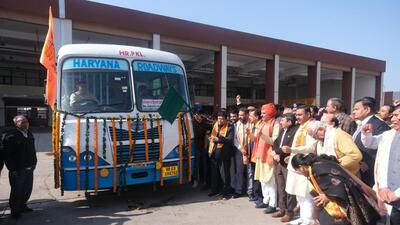Haryana Vidhan Sabha speaker Gian Chand Gupta flagged off a special bus service from Panchkula to Ayodhya, which will allow devotees to pay obeisance at the recently inaugurated Ayodhya Ram Mandir. (Sant Arora /HT) Haryana Vidhan Sabha speaker Gian Chand Gupta flagged off a special bus service from Panchkula to Ayodhya, which will allow devotees to pay obeisance at the recently inaugurated Ayodhya Ram Mandir. (Sant Arora /HT)