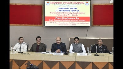 KU registrar Sanjeev Sharma, dean academic affairs Anil Vashisth, dean students’ welfare (DSW) AR Chaudhri, director public relations Brajesh Sawhney and several senior functionaries were present. (HT Photo)
