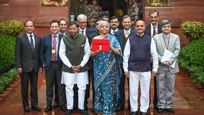 Finance minister Nirmala Sitharaman with her team ahead of the presentation of interim budget in Parliament on Thursday. (Sanchit Khanna/HT Photo) Finance minister Nirmala Sitharaman with her team ahead of the presentation of interim budget in Parliament on Thursday. (Sanchit Khanna/HT Photo)